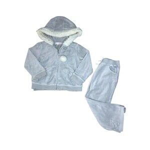 JANIE AND JACK GIRLS GRAY FUR HEART VELOUR HOODIE and PANT SET SIZE 18-24 months